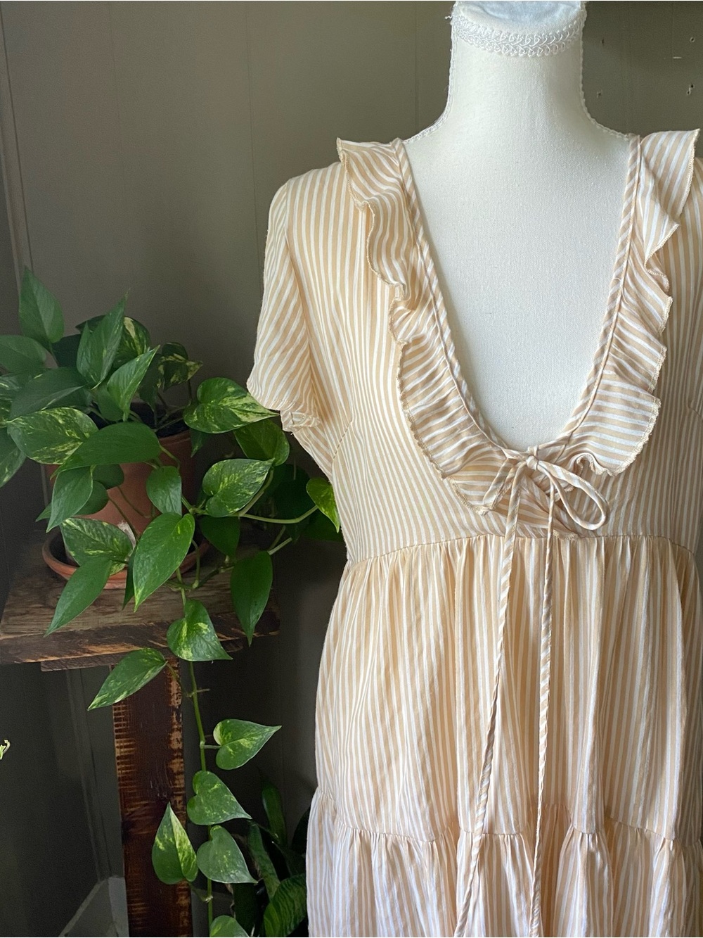 Cupshe beige striped ruffled cover up sundress size M